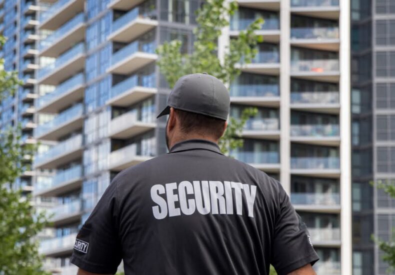 A security guard standing in front of tall buildings.